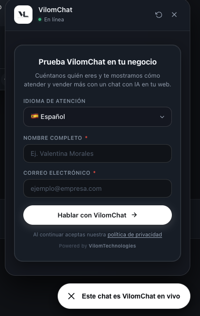 Formulario de bienvenida de VilomChat antes de iniciar la conversación